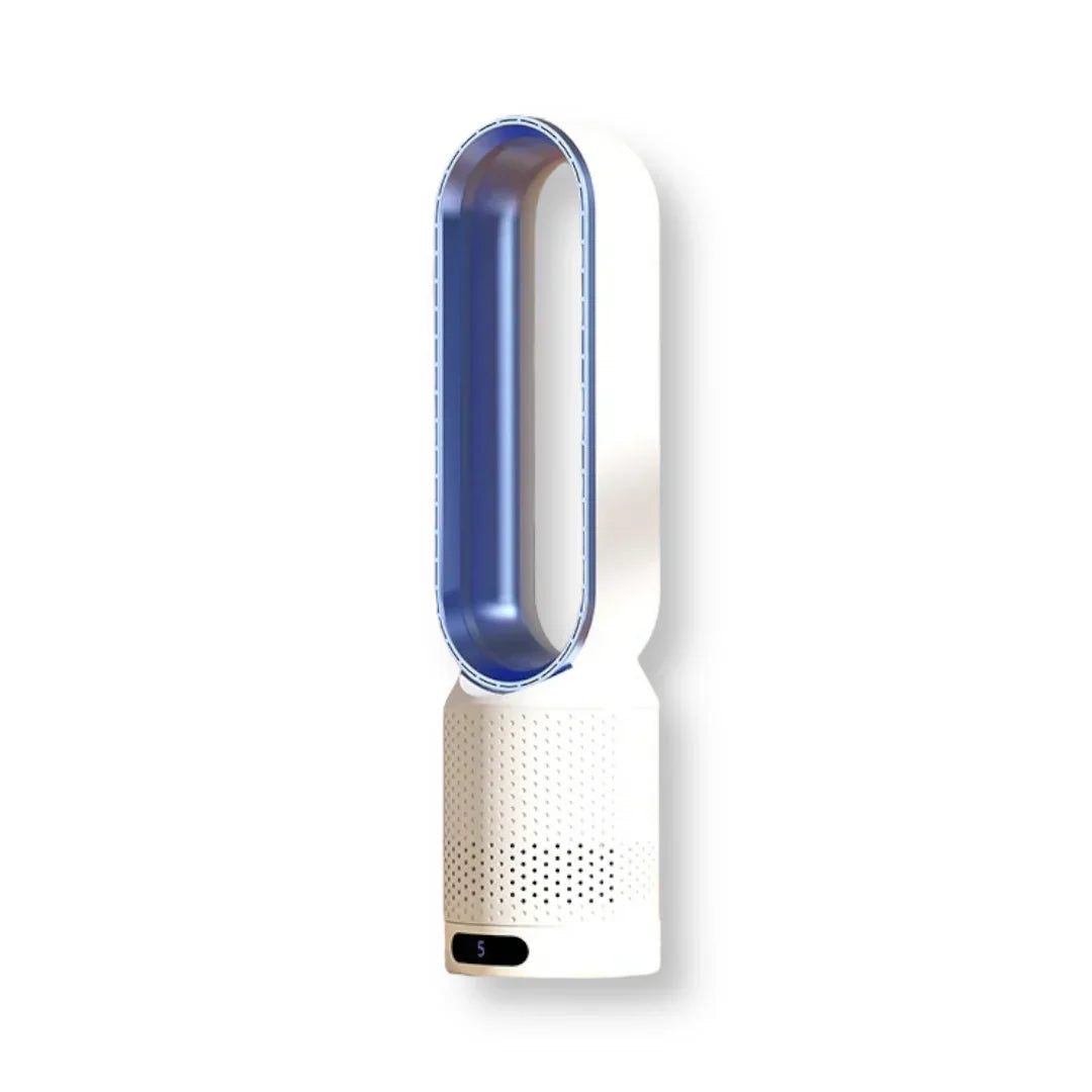 Arenzza AirCool™ air purifier removing dust and pollen from indoor air, with a sleek compact design and filter visible inside.