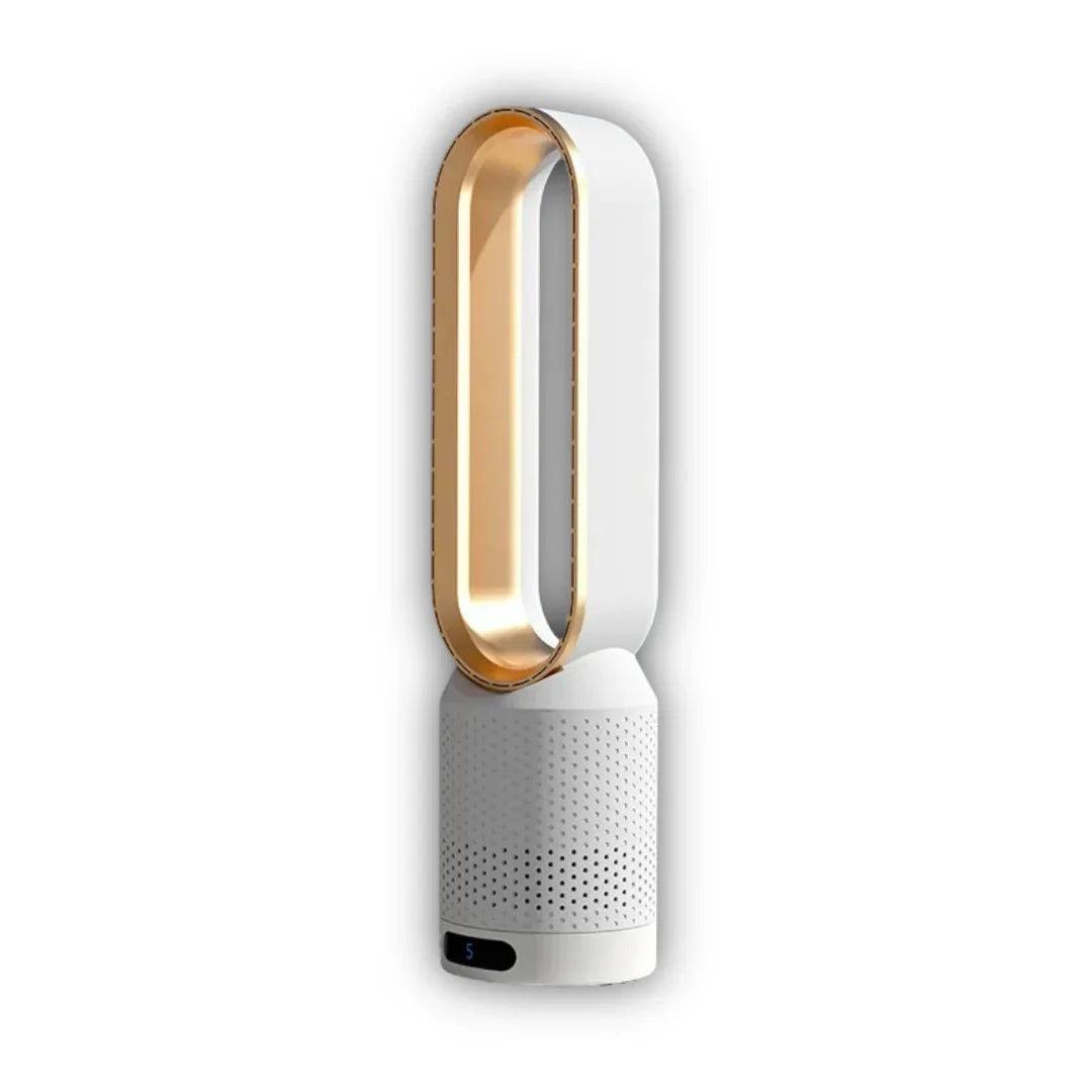 Arenzza AirCool™ air purifier removing dust and pollen from indoor air, with a sleek compact design and digital display.