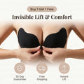 Arenzza invisible push-up adhesive bra shown on a model, featuring seamless design and clear adhesive cups for a natural look.