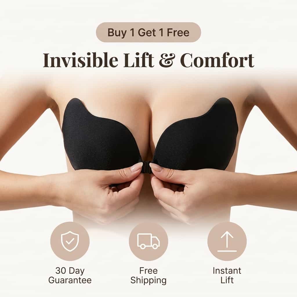 Arenzza invisible push-up adhesive bra shown on a model, featuring seamless design and clear adhesive cups for a natural look.
