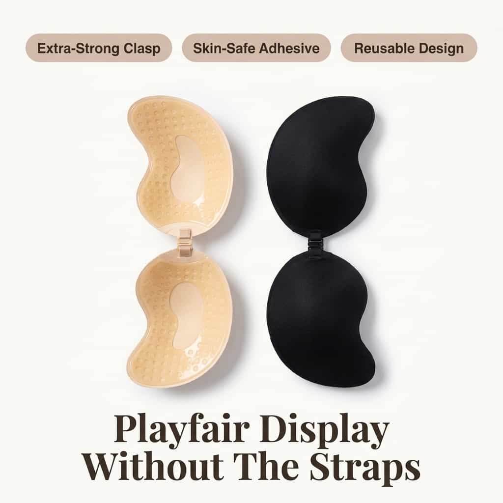 Arenzza invisible push-up adhesive bra shown on a model, featuring seamless design and sticky cups for backless, strapless support.