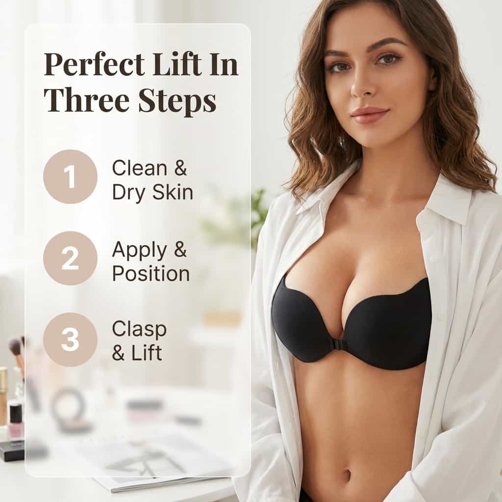 Arenzza Invisible Push-up Adhesive Bra showing three steps for attachment and wear, with seamless, skin-toned design for a discreet look.