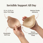 Aarenzza invisible push-up adhesive bra with callouts highlighting nine benefits, featuring a sleek, skin-friendly design.