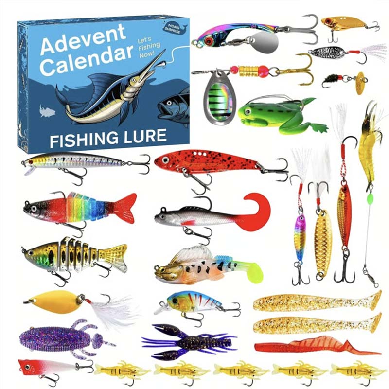 Arenzza 24 Days Lures Advent Calendar for sports and outdoors, featuring colorful fishing lures inside numbered compartments.