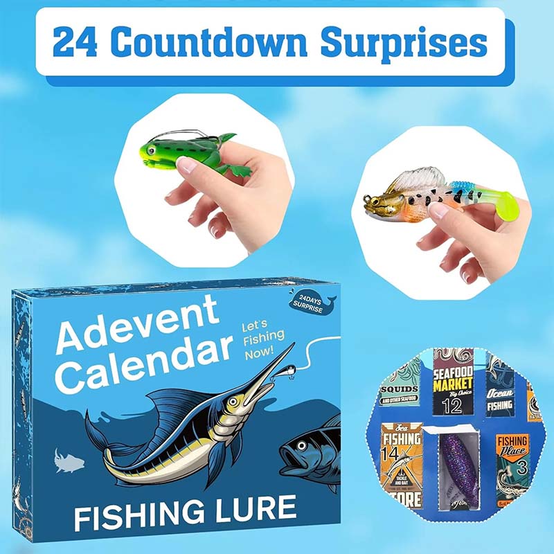 Aarenza 24 Days Lures Advent Calendar featuring colorful fishing lures behind numbered doors for sports and outdoor fishing enthusiasts.
