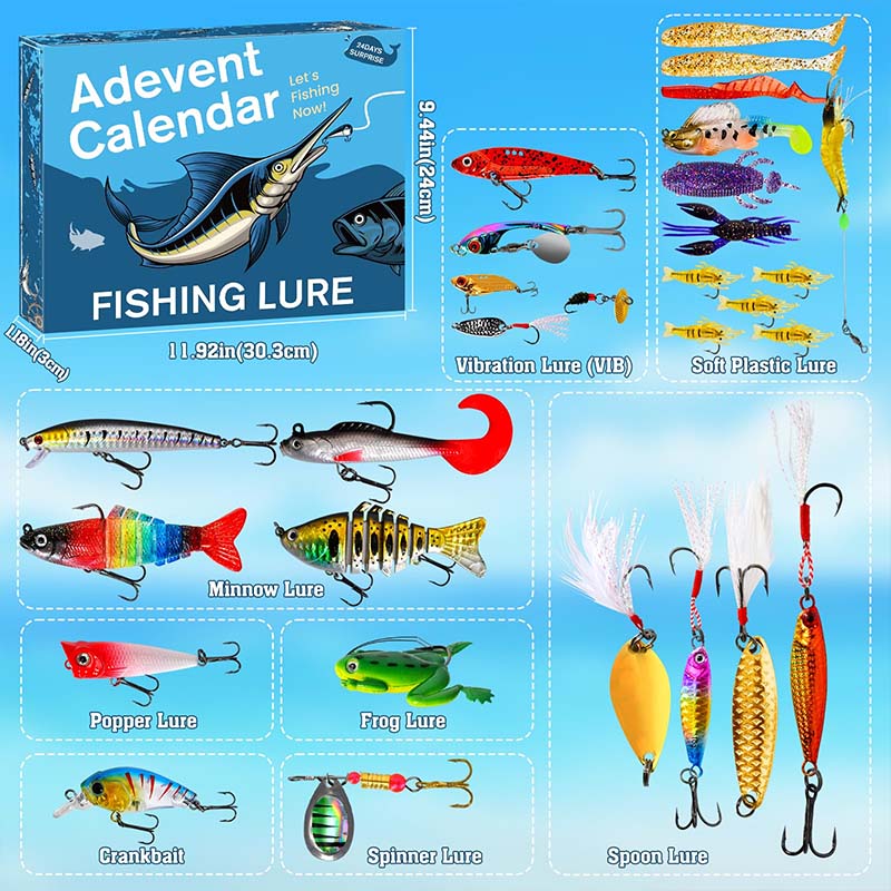 Arenzza 24 Days Lures Advent Calendar for fishing, featuring colorful lure compartments in a festive holiday-themed box.