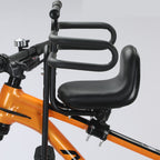 Arenzza front-mounted kids bike seat attached to a bicycle, showing secure straps and padded seating for young children.