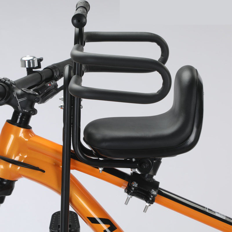 Arenzza front-mounted kids bike seat attached to a bicycle, showing secure straps and padded seating for young children.