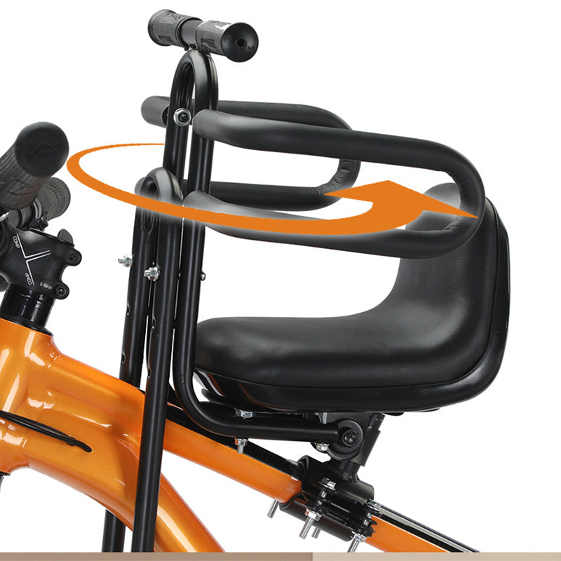 Arenzza front-mounted kids bike seat attached to a bicycle, designed for outdoor cycling with a secure, child-friendly design.