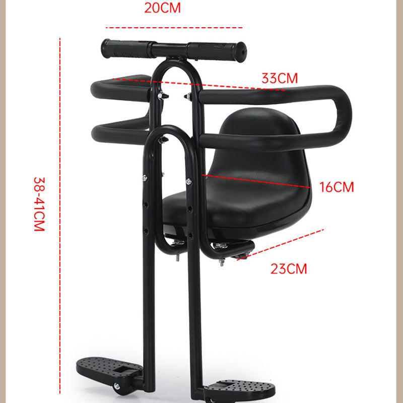 Arenzza front mounted kids bike seat securely attached to a bicycle, designed for outdoor cycling with safety harness and padding.