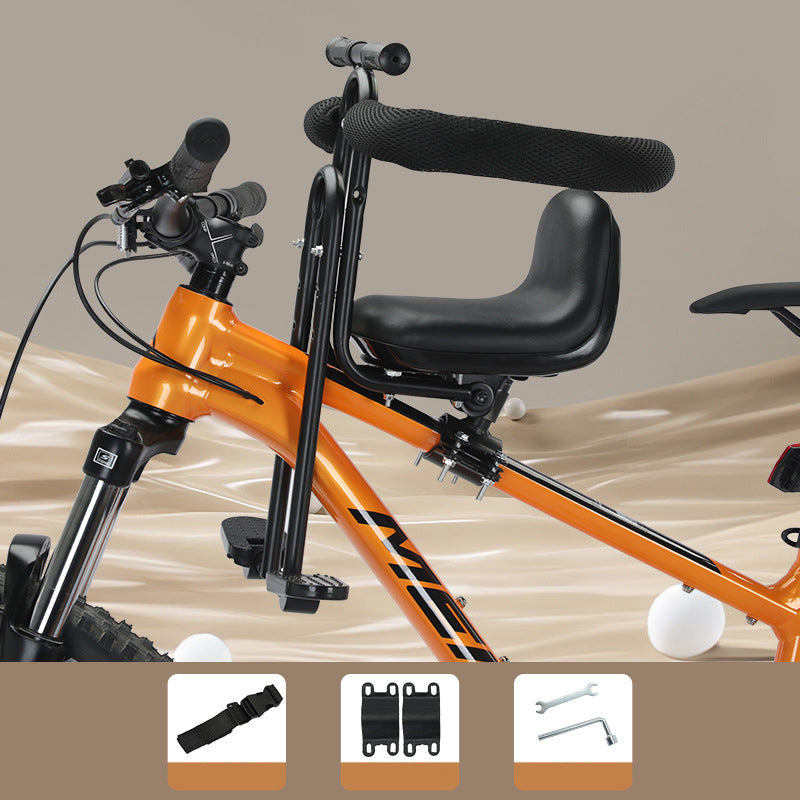 Arenzza front-mounted kids bike seat attached to a bicycle, designed for outdoor cycling with a secure, comfortable seating area.