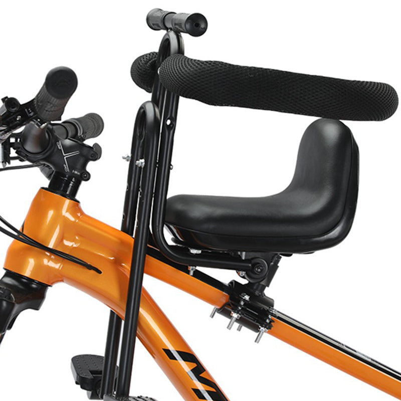 Arenzza front-mounted kids bike seat attached to a bicycle, with padded seat and safety straps for young children.