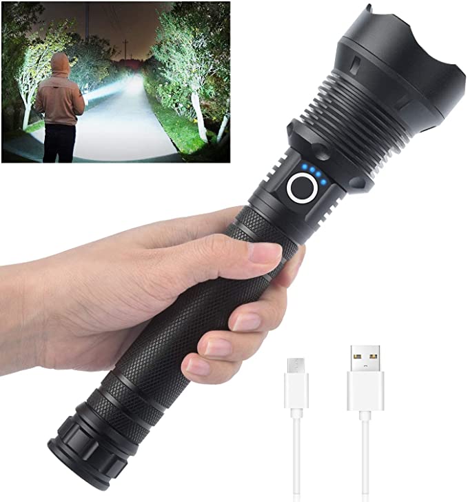 Arenzza tactical flashlight with high lumens, rechargeable battery, long size, and bright beam, ideal for outdoor sports and adventures.