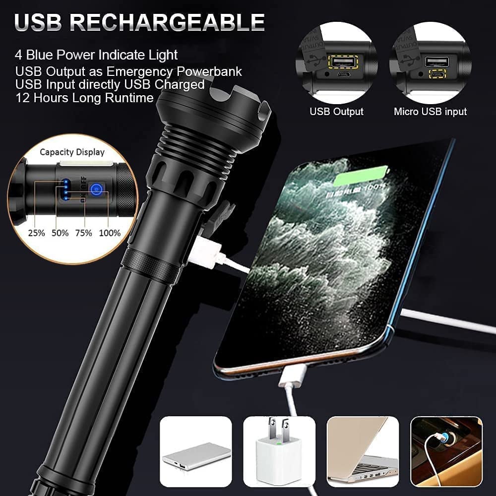 Arenzza tactical flashlight with high lumens and rechargeable battery, long-size design, suitable for outdoor sports and adventures.