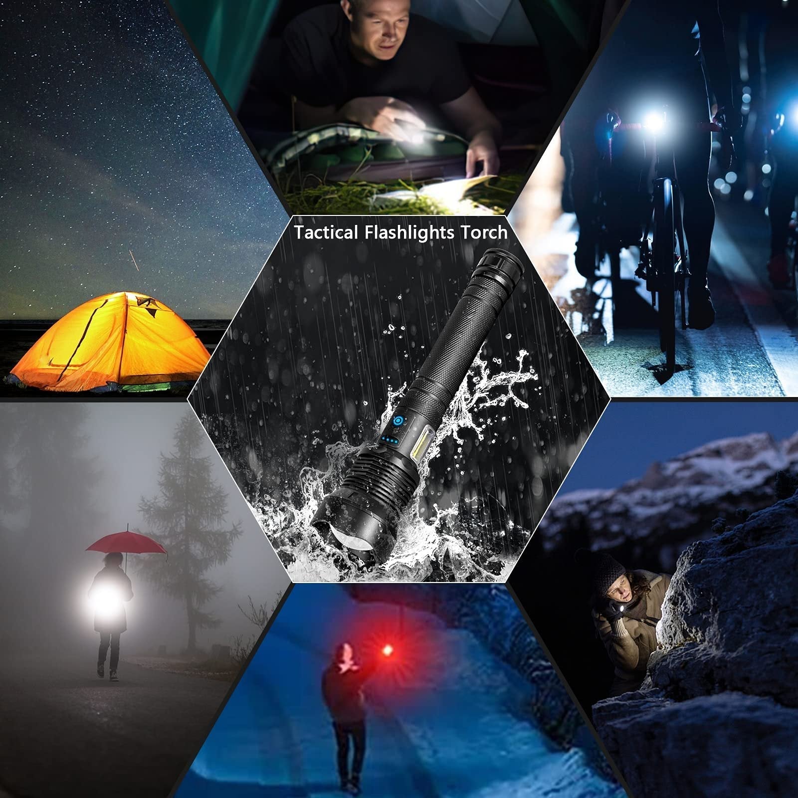 Arenzza tactical flashlight with high lumens, long size, rechargeable battery, suitable for outdoor sports and outdoor activities.