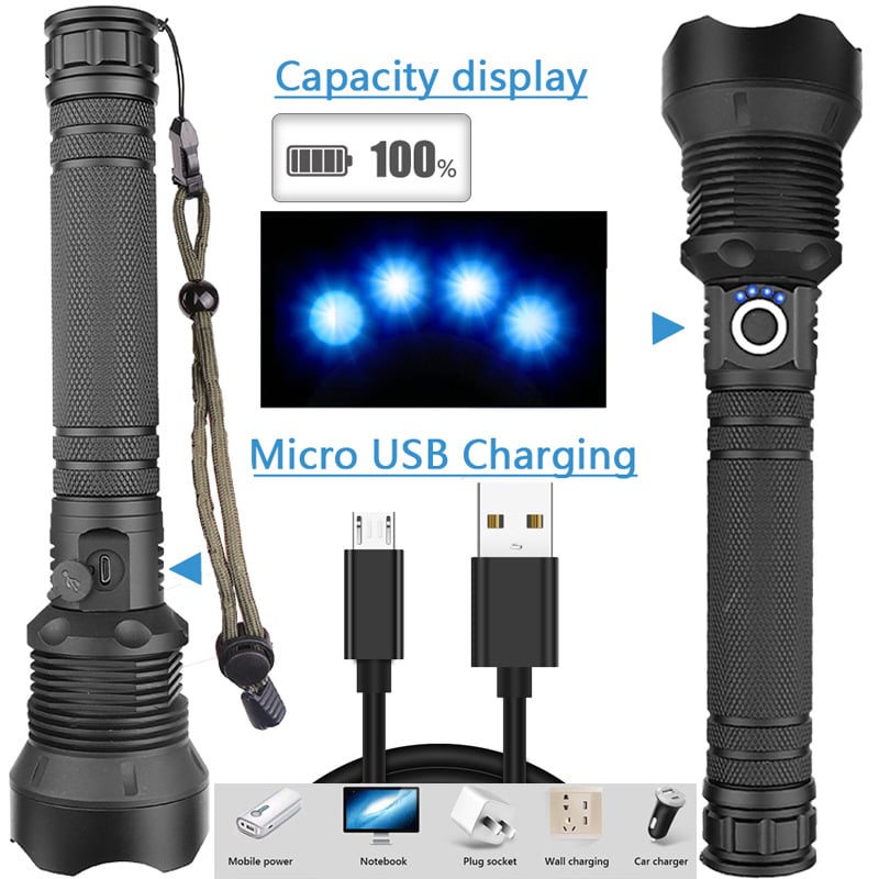 Arenzza tactical flashlight with high lumens, rechargeable battery, long size, and bright beam for outdoor and sports use.