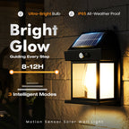 Arenzza solar wall light with motion sensor and weatherproof design, installed on outdoor wall for garden or pathway illumination.