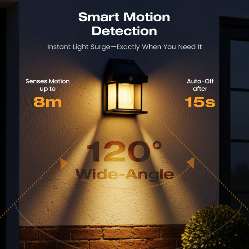 Arenzza solar wall light with motion sensor, weatherproof design, mounted on a wall for garden or pathway lighting at dusk.