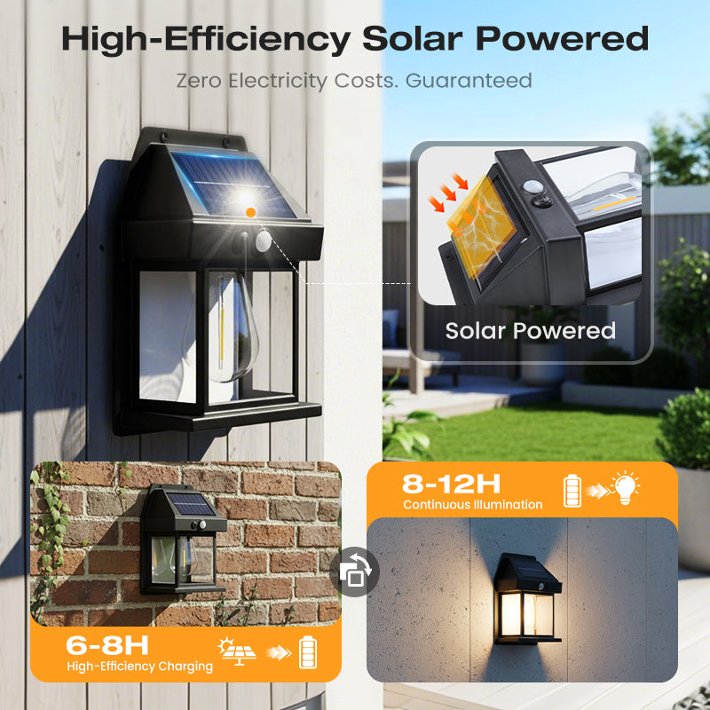 Arenzza solar wall light with motion sensor, weatherproof design, and automatic dusk to dawn operation for outdoor garden or pathway.