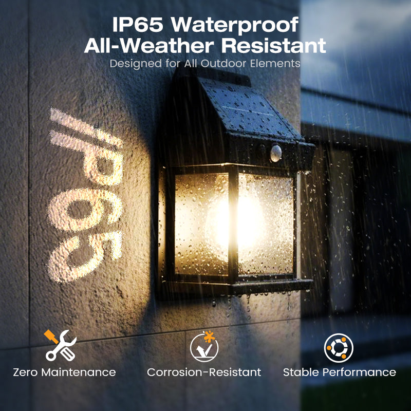 Arenzza solar wall light with motion sensor, weatherproof design, and dusk to dawn operation installed on garden wall.