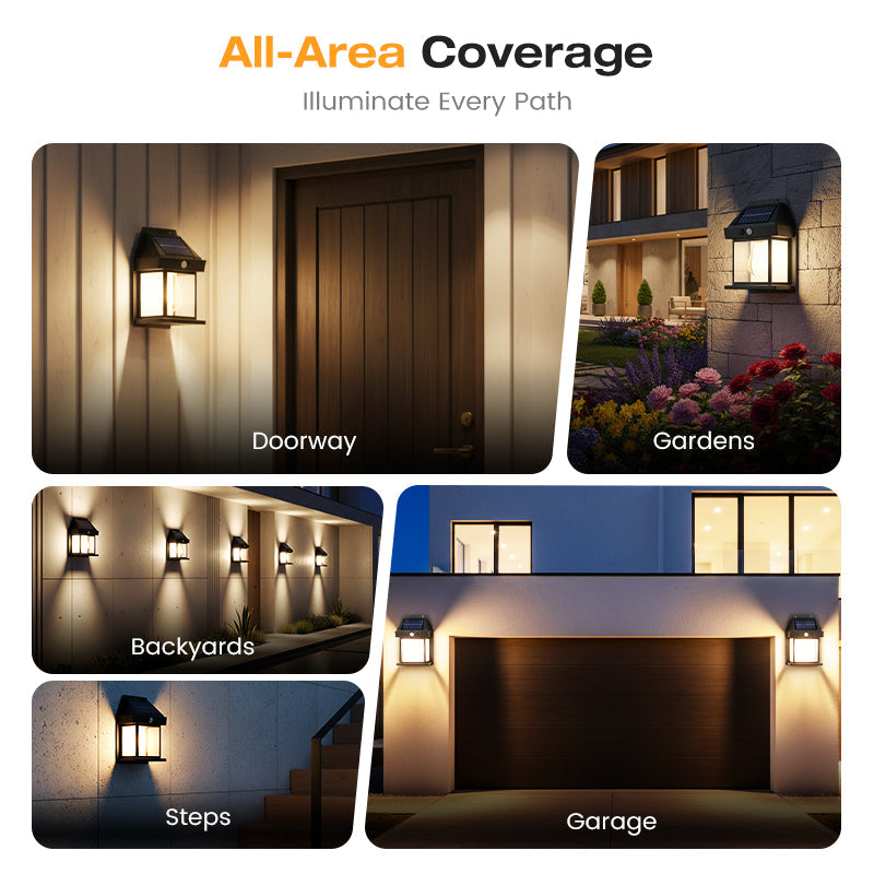 Arenzza solar wall light with motion sensor, weatherproof design, mounted on a wall, illustrating outdoor garden lighting at dusk.