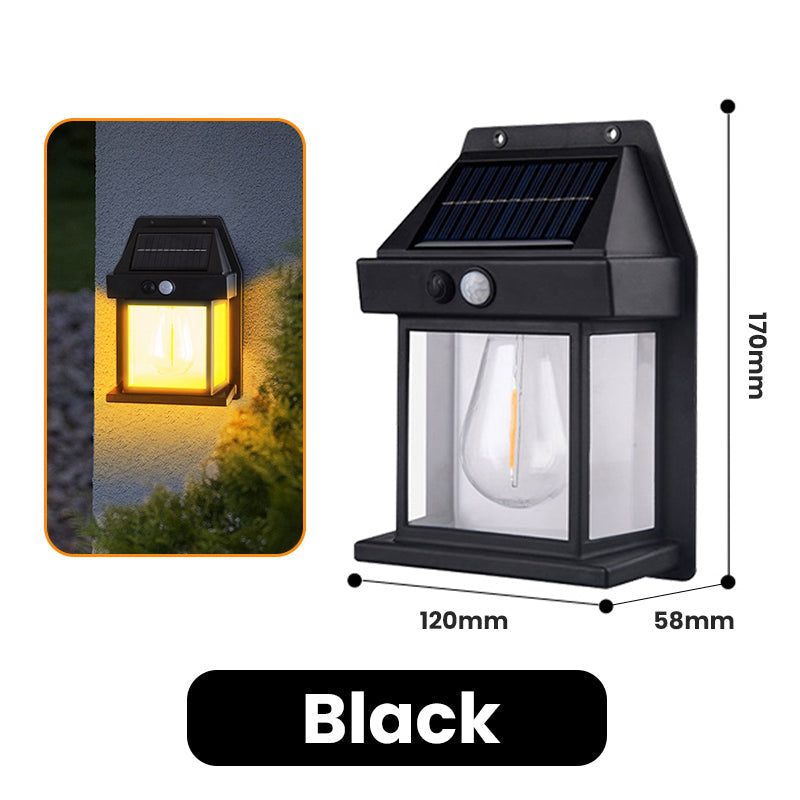 Arenzza solar wall light with motion sensor, weatherproof design, installed on outdoor garden wall, dusk to dawn operation.