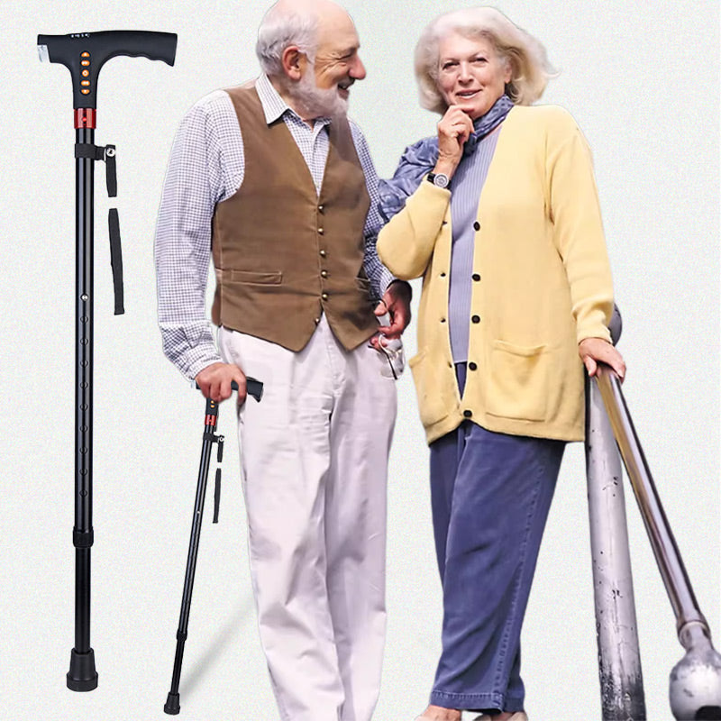 Arenzza intelligent elderly walking stick with built-in LED light, designed for outdoor walking and mobility support.