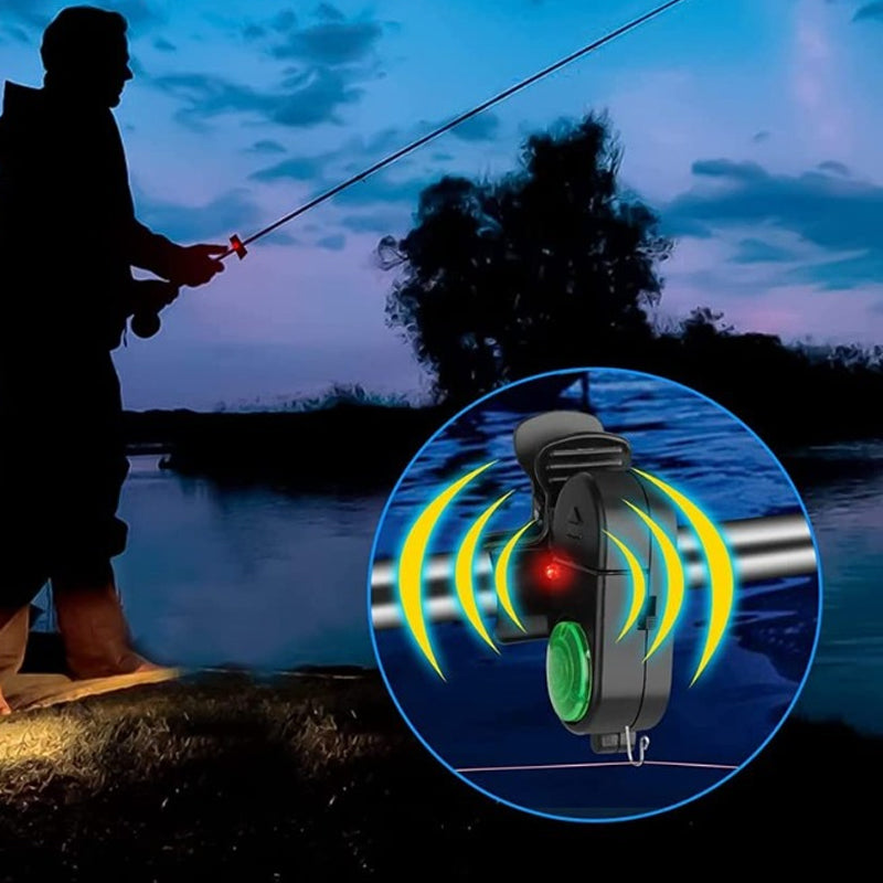 Arenzza fishing bite alarm with LED light and sound, mounted on a fishing rod for outdoor fishing activity.