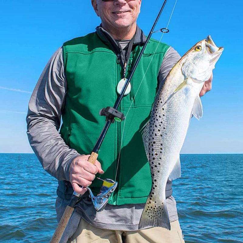 Arenzza fishing bite alarm with sound and LED light, outdoor sports gear for fishing, showing the device mounted on a fishing rod.