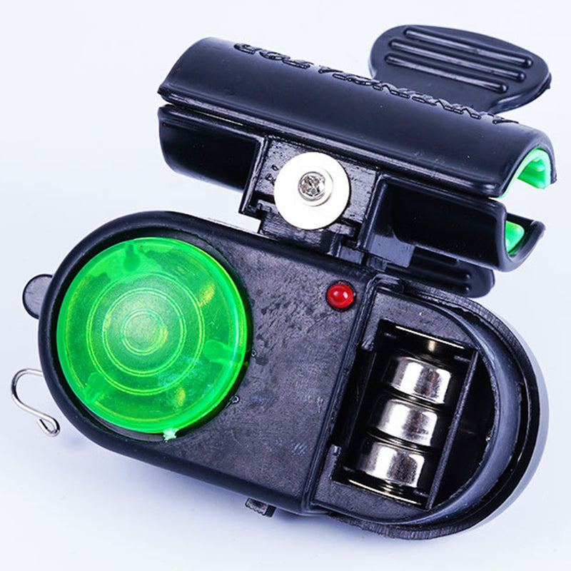 Arenzza fishing bite alarm with LED light and sound, designed for outdoor fishing, showing the device with LED indicator and control buttons.