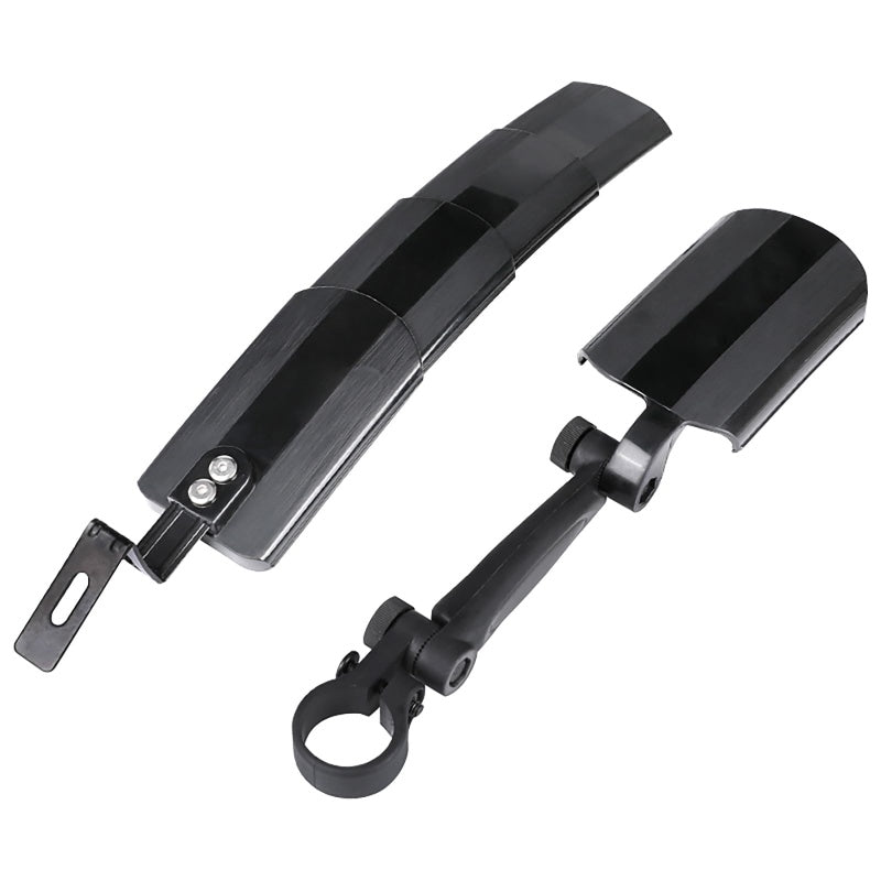 Arenzza retractable and adjustable bicycle mudguard set with black and white design mounted on a bicycle wheel.