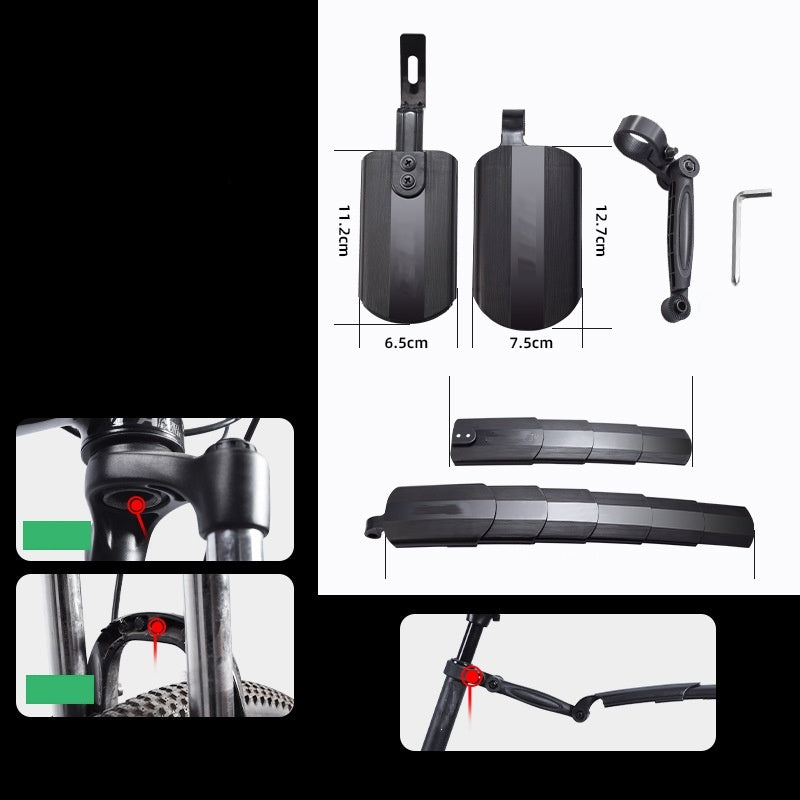 Arenzza retractable and adjustable bicycle mudguard set attached to a mountain bike, protecting wheels from mud and water splashes.
