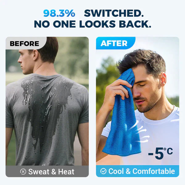 Pair of Arenzza absorbent, quick-drying gym cooling towels for sports and outdoor activities, shown folded and spread out.