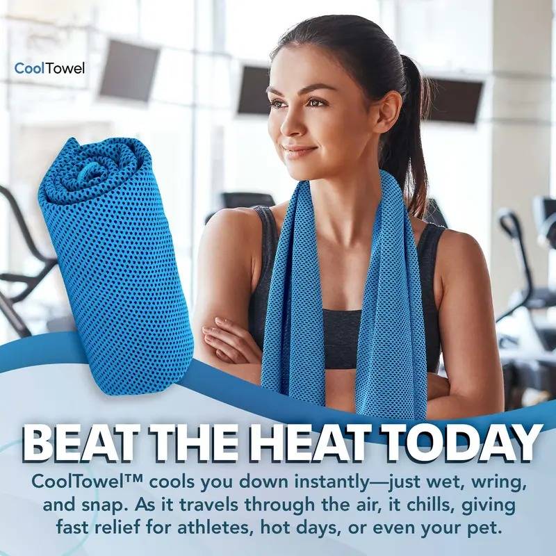 Arenzza absorbent quick-drying gym cooling towel in blue, shown folded with a textured surface for sports and outdoor activities.