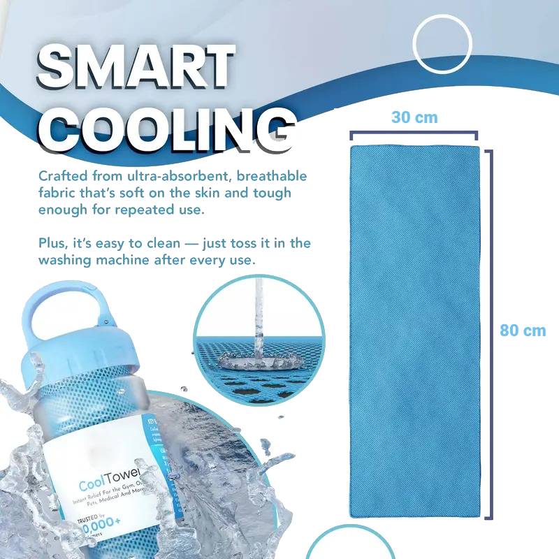 Arenzza sports cooling towel, quick-drying and absorbent, shown folded and spread out for gym or outdoor workout use.