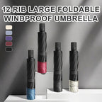 A large, foldable Arenzza 12-rib windproof umbrella in black, open to show its sturdy canopy and compact design for outdoor use.