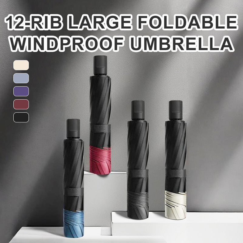 A large, foldable Arenzza 12-rib windproof umbrella in black, open to show its sturdy canopy and compact design for outdoor use.