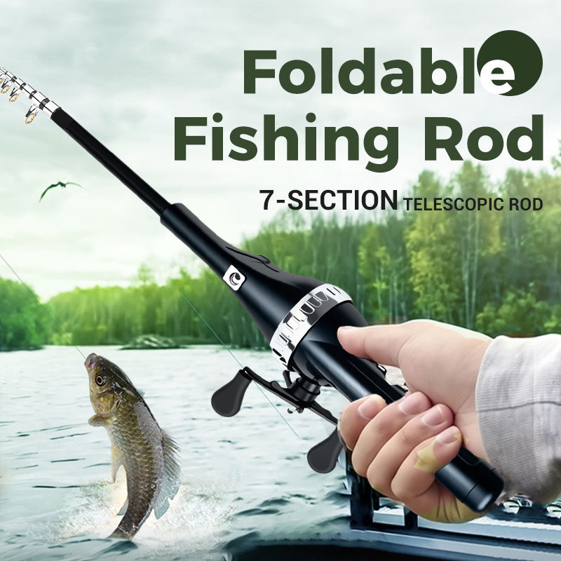 Aarenza foldable fishing rod for sports and outdoors, shown folded with handle and reel visible, ideal for portable fishing trips.