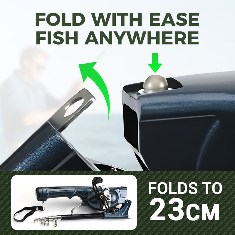 Arenzza foldable fishing rod, lightweight and portable, suitable for outdoor fishing adventures, displayed in a compact folded position.