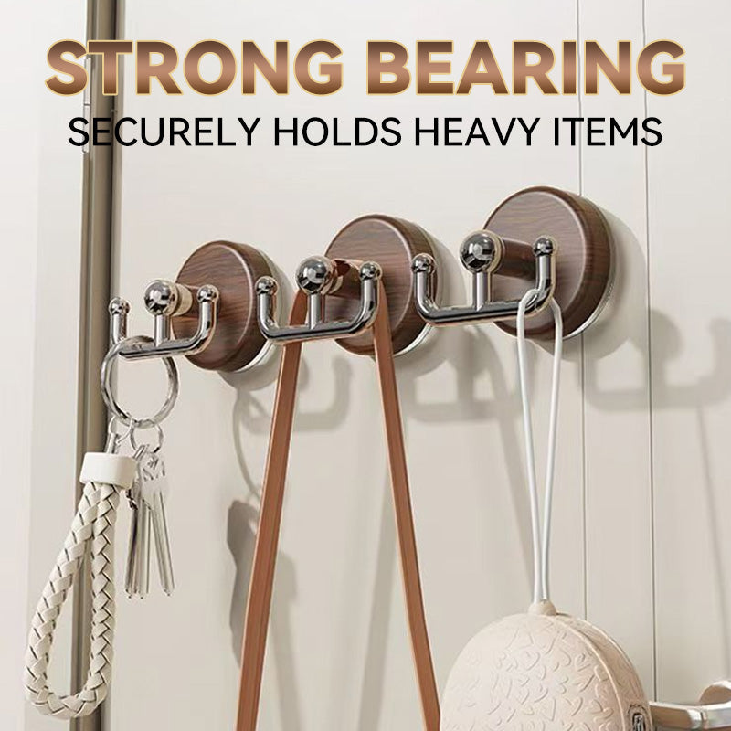 Aarenza multi-functional wood grain suction cup hook attached to a wall, holding sports gear in a sports and outdoors setting.