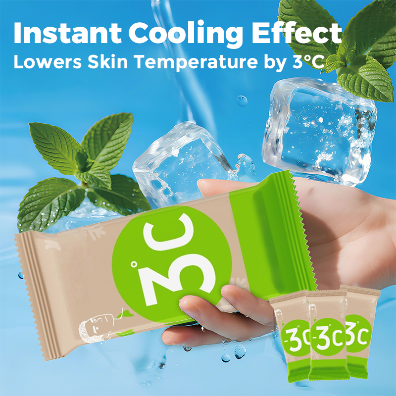 Arenzza Instant Cool & Refresh Wipes for sports and outdoor activities, showing packs of cooling wipes in a bright, active setting
