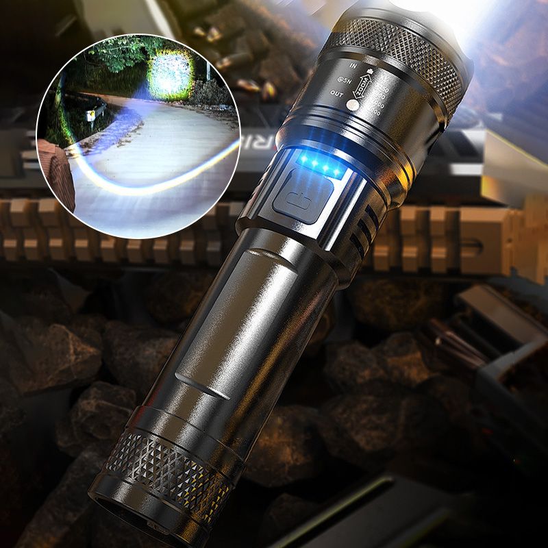 Arenzza super strong zoomable flashlight for sports and outdoor activities, showing a black handheld flashlight with adjustable zoom lens.