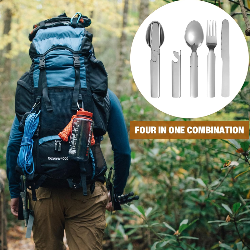 Arenzza 4-in-1 stainless steel portable cutlery set with fork, knife, spoon, and carrying case for outdoor activities