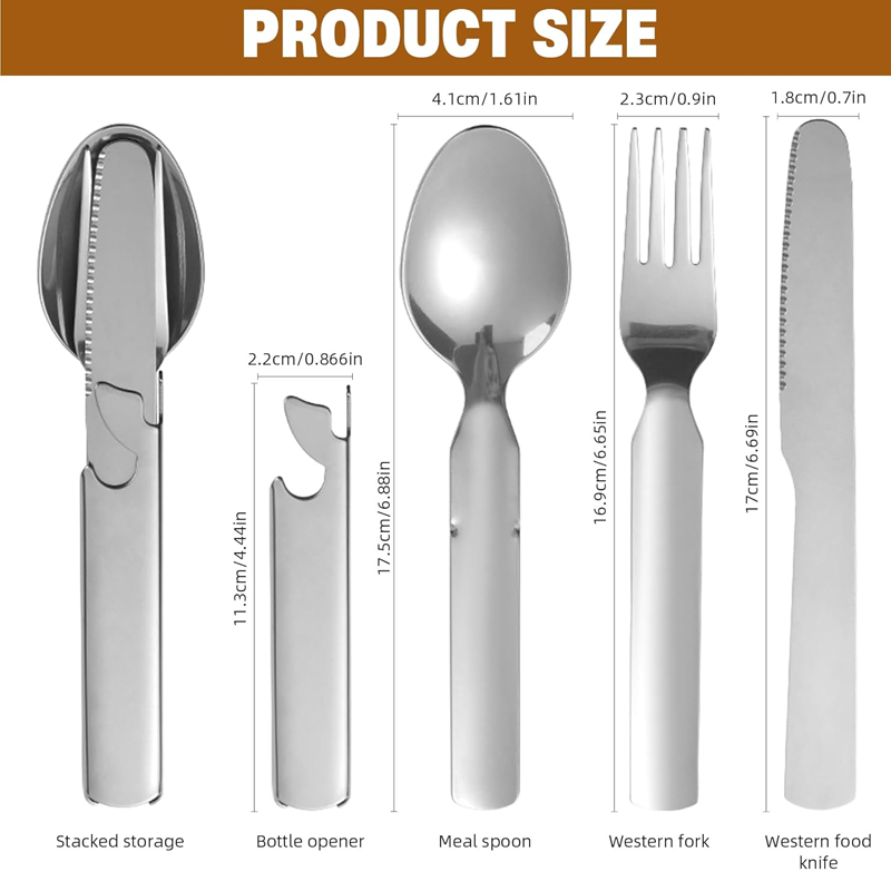 Arenzza 4-in-1 stainless steel portable cutlery set for outdoor activities, including fork, knife, spoon, and case.