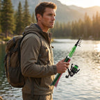 Arenzza fish-shaped telescopic fishing rod and reel combo for outdoor fishing, featuring a compact, portable design.