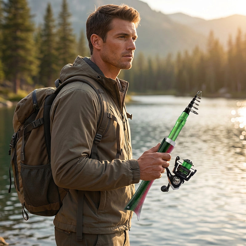 Arenzza fish-shaped telescopic fishing rod and reel combo for outdoor fishing, featuring a compact, portable design.