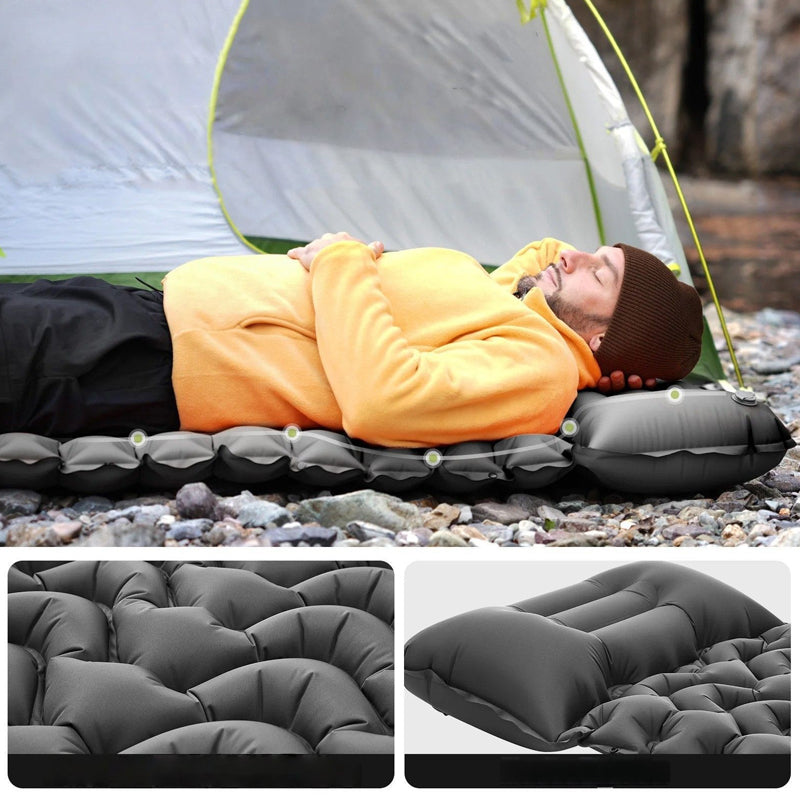 Arenzza lightweight portable air mattress for outdoor camping, shown inflated and ready to use in a camping setting.