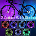 Arenzza LED cycling wheel hub light installed on a bike wheel for night riding, with colorful illuminated spokes.