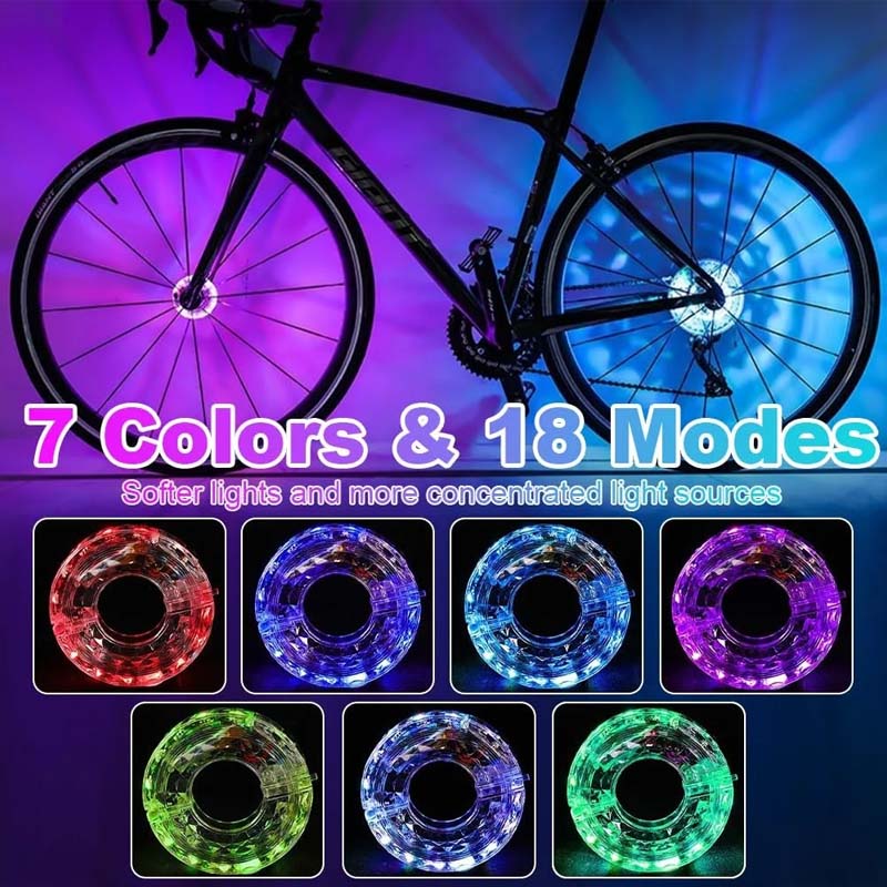 Arenzza LED cycling wheel hub light installed on a bike wheel for night riding, with colorful illuminated spokes.