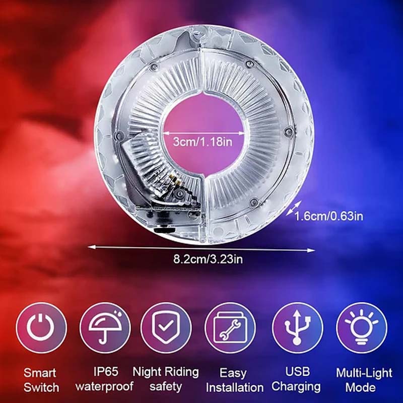 Arenzza LED cycling wheel hub light attached to a bike wheel, glowing brightly for night riding visibility and safety.